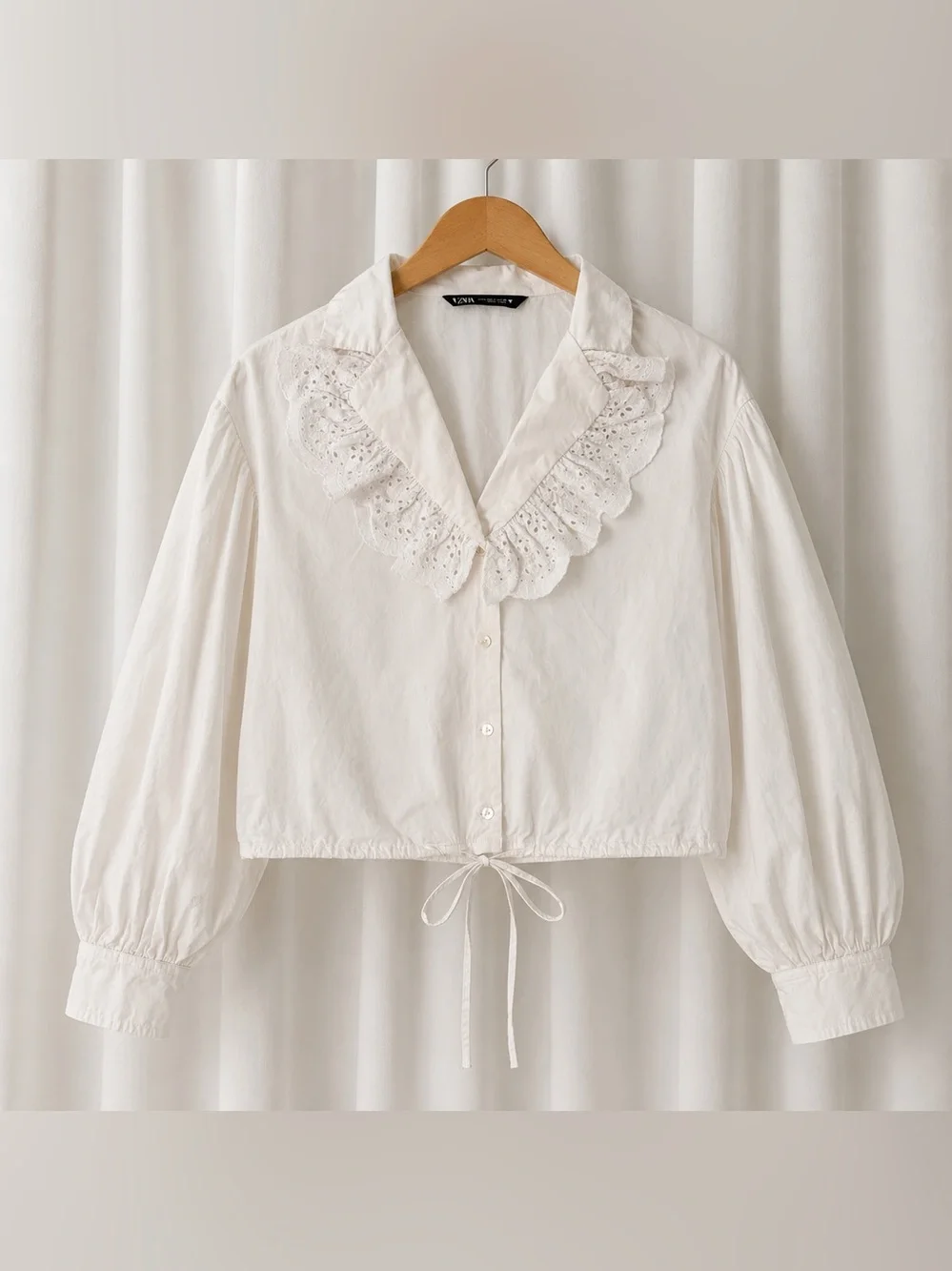 Zara White Eyelet Ruffle Collar Balloon Sleeve Boho Cropped Cotton Blouse Size L